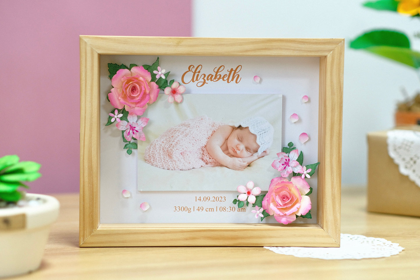 Baby Photo Shadowbox, Personalized Handmade Flower Shadow Box, Birth Start Frame, Baby Reveal Keepsake, Baby Keepsake