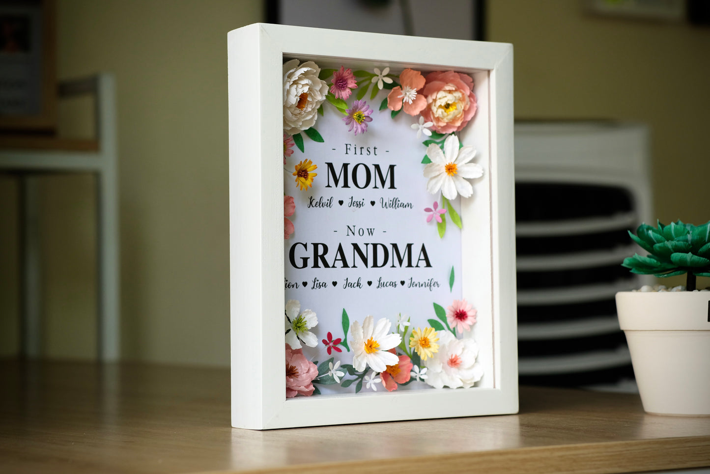 Flower Shadow Box, First Mom Now Grandma, Gifts For Grandma, Handmade Paper Flower Frame