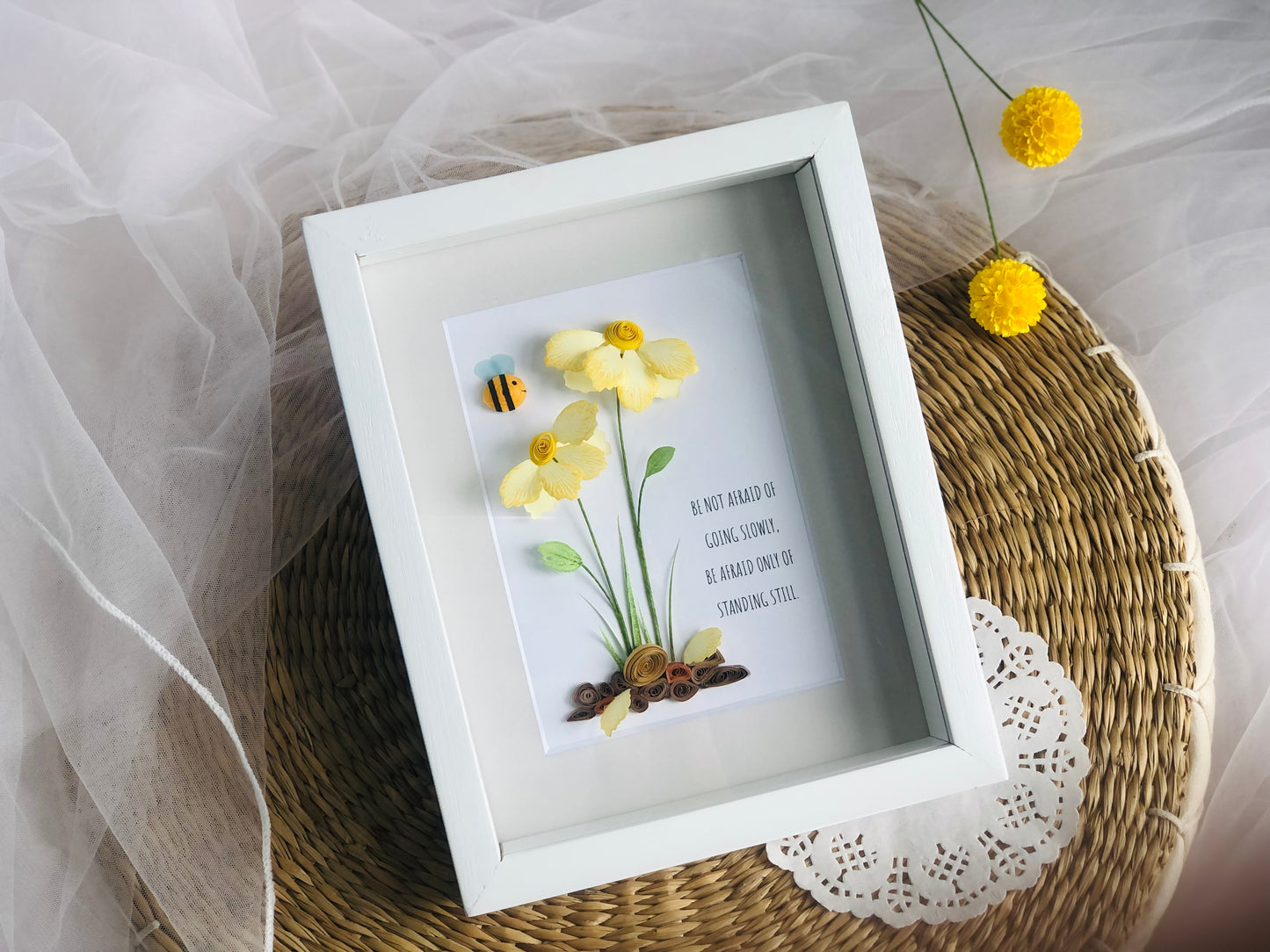 Handmade Flower Shadow Box, Inspiring Wall Art, Yellow Daisy Flower Frame, Paper Flower Art, Motivational Decor, Personalized Your Saying, Custom Quote, Gift For Her, Gift For Women, Birthday Gift