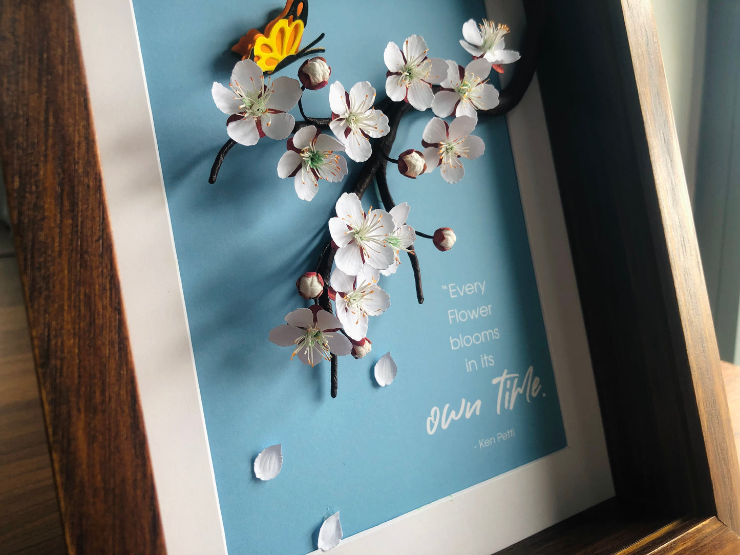 Blue Cherry Blooms Flower Shadow Box, Paper Flower Framed Wall Art, Every Flower Blooms In Its Own Time, Handmade Home Decor, Inspiring Wall Art, Personalized Your Saying