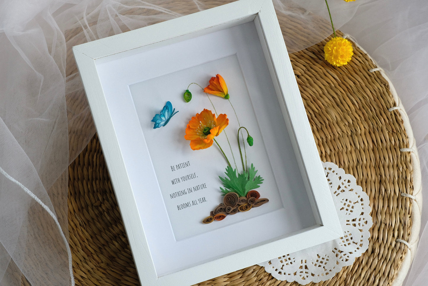 Paper Poppies Flower Shadow Box, Wild Flowers Framed Wall Art, Birthday Gift, Gift For Her, Gift For Mom, Handmade Decor, Custom Saying