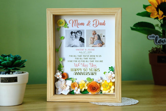 Happy 50 Years Anniversary Mom & Dad, Handmade Flower Shadow Box, Custom Photo Anniversary Gift, Anniversary Frame