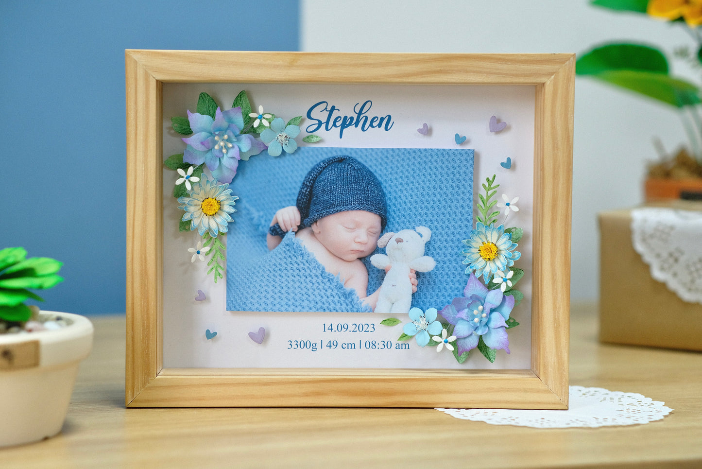 Baby Photo Shadowbox, Personalized Handmade Flower Shadow Box, Birth Start Frame, Baby Reveal Keepsake, Baby Keepsake