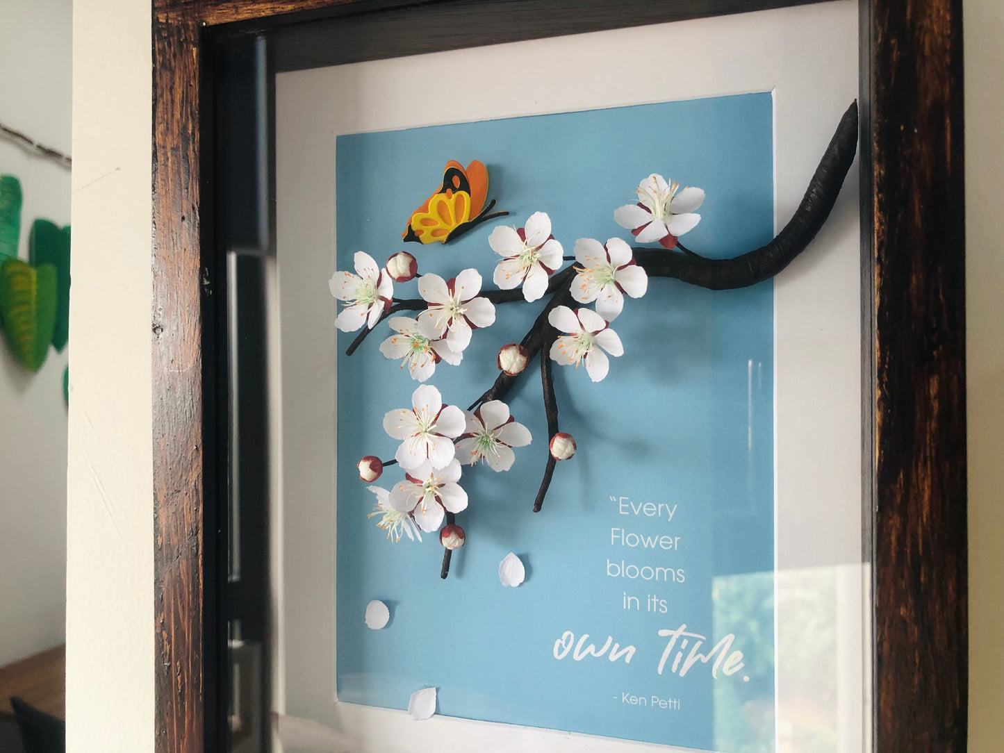 Blue Cherry Blooms Flower Shadow Box, Paper Flower Framed Wall Art, Every Flower Blooms In Its Own Time, Handmade Home Decor, Inspiring Wall Art, Personalized Your Saying