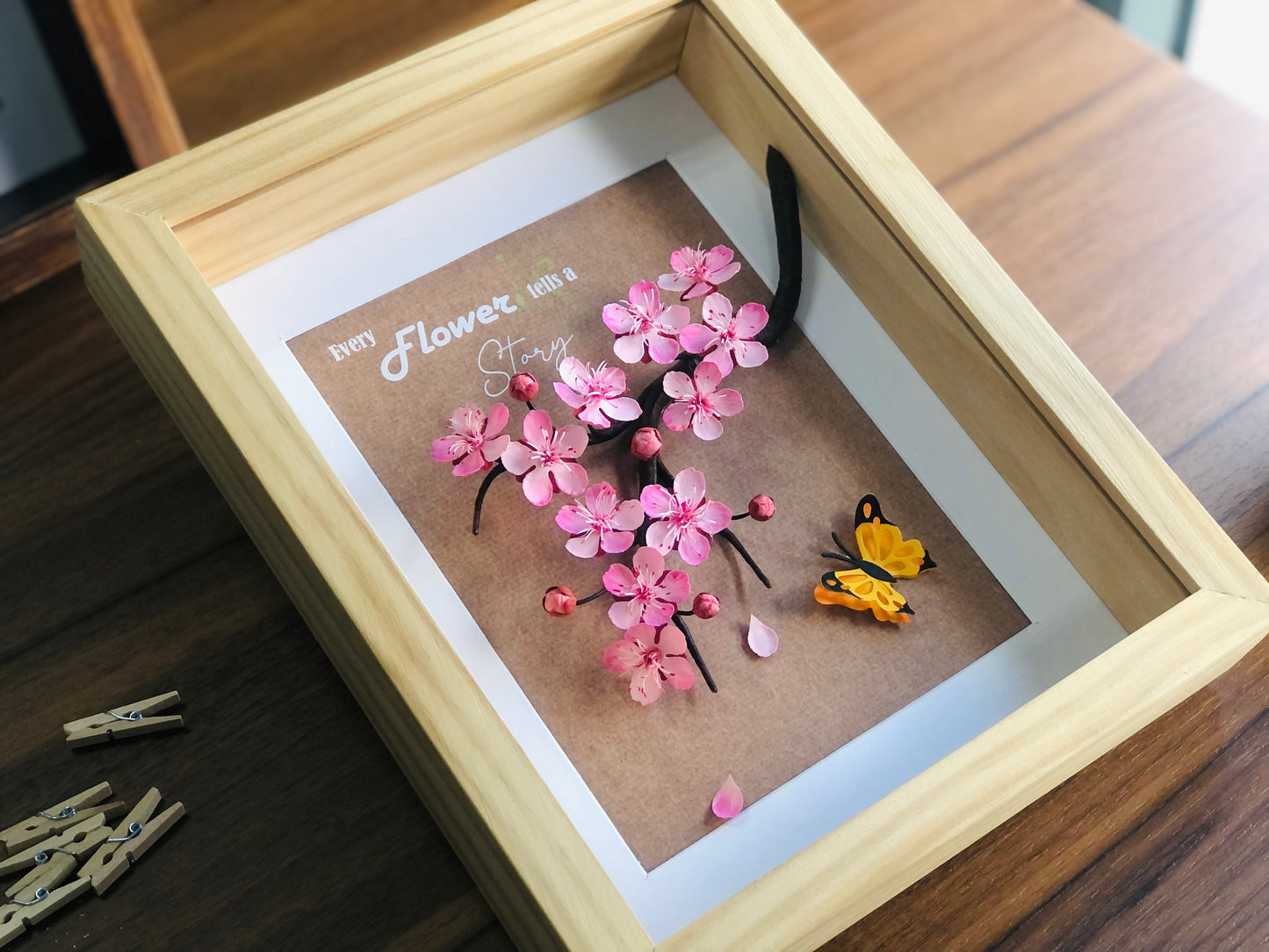 Pink Cherry Bloom Flower Shadow Box, Paper Flower Framed Wall Art, Every Flower Tells A Story, Handmade Home Decor, Cherry Bloom Wall Decor, Inspiring Wall Art, Personalized Your Saying