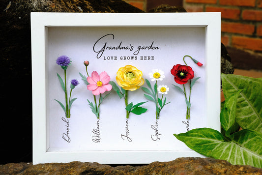 Grandma Gift, Flower Shadow Box, Grandma's Garden Love Grows Here, Handmade Paper Flower, Personalized Frame