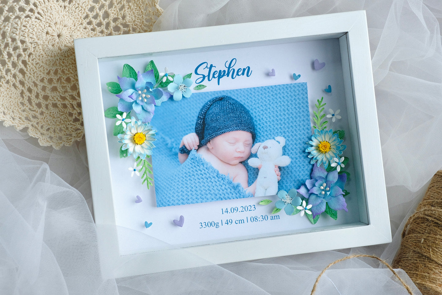 Baby Photo Shadowbox, Personalized Handmade Flower Shadow Box, Birth Start Frame, Baby Reveal Keepsake, Baby Keepsake