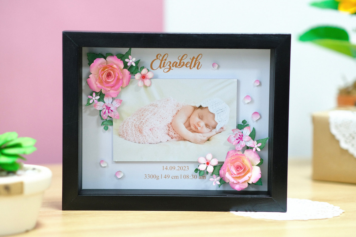 Baby Photo Shadowbox, Personalized Handmade Flower Shadow Box, Birth Start Frame, Baby Reveal Keepsake, Baby Keepsake