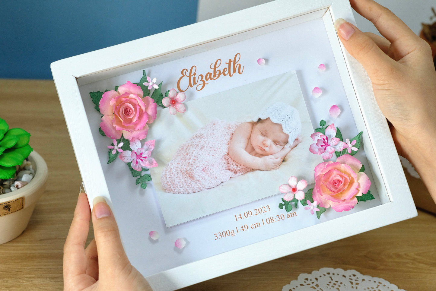 Baby Photo Shadowbox, Personalized Handmade Flower Shadow Box, Birth Start Frame, Baby Reveal Keepsake, Baby Keepsake