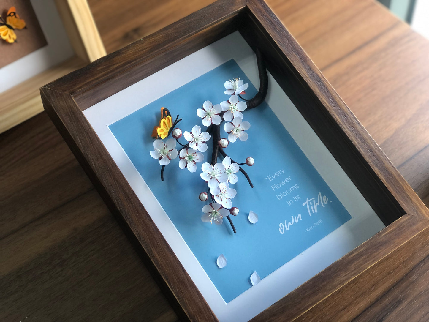 Blue Cherry Blooms Flower Shadow Box, Paper Flower Framed Wall Art, Every Flower Blooms In Its Own Time, Handmade Home Decor, Inspiring Wall Art, Personalized Your Saying