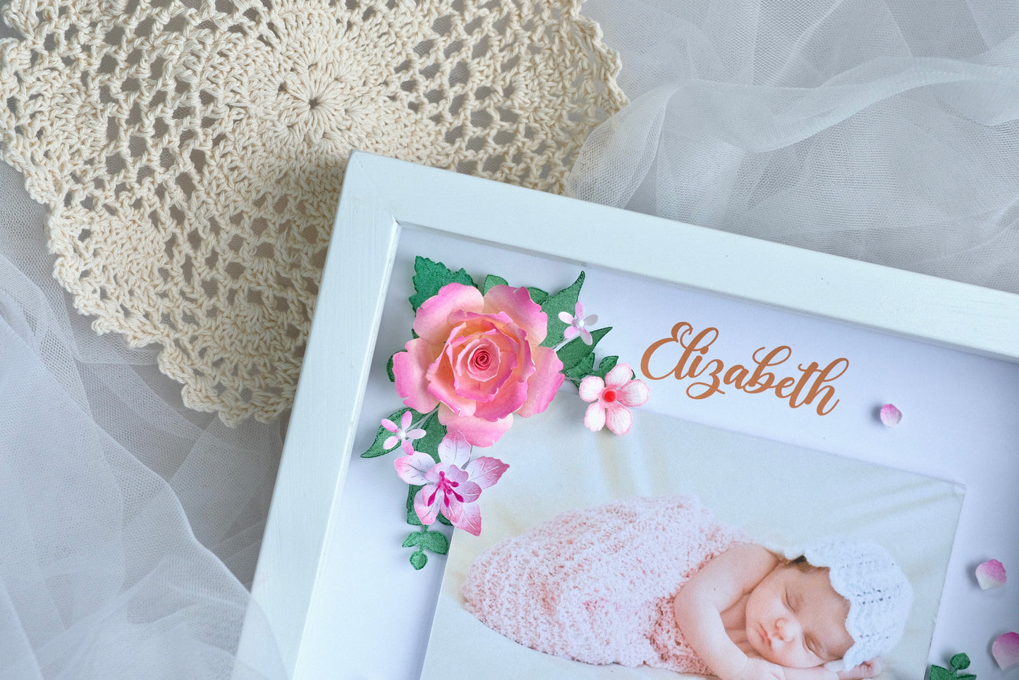 Baby Photo Shadowbox, Personalized Handmade Flower Shadow Box, Birth Start Frame, Baby Reveal Keepsake, Baby Keepsake