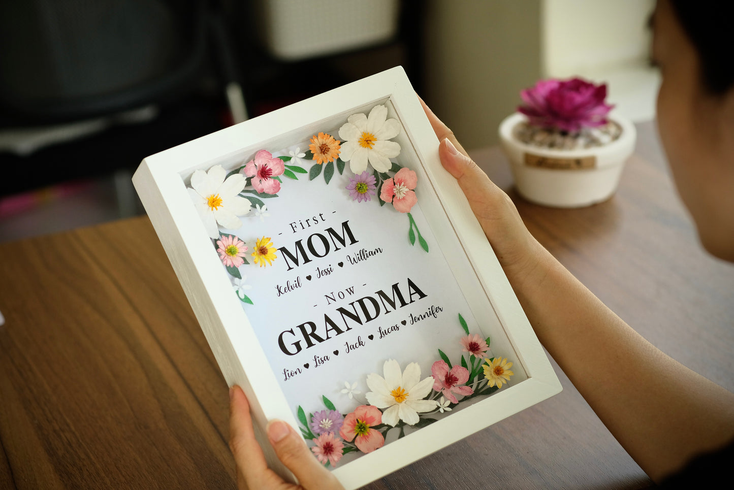 Flower Shadow Box, First Mom Now Grandma, Gifts For Grandma, Handmade Paper Flower Frame