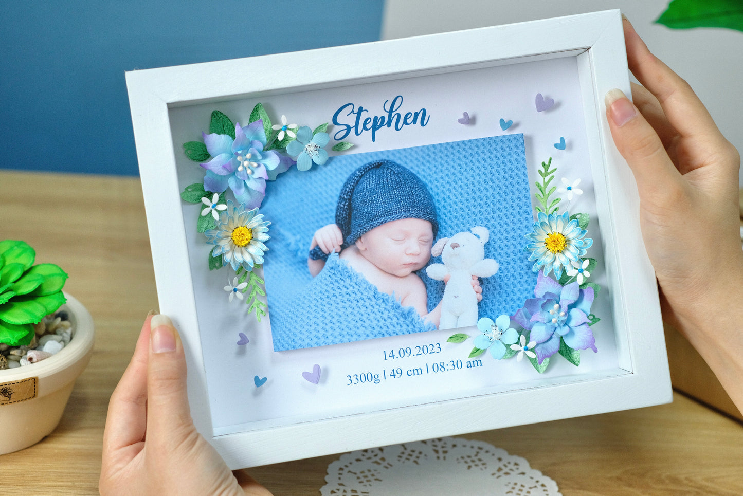 Baby Photo Shadowbox, Personalized Handmade Flower Shadow Box, Birth Start Frame, Baby Reveal Keepsake, Baby Keepsake