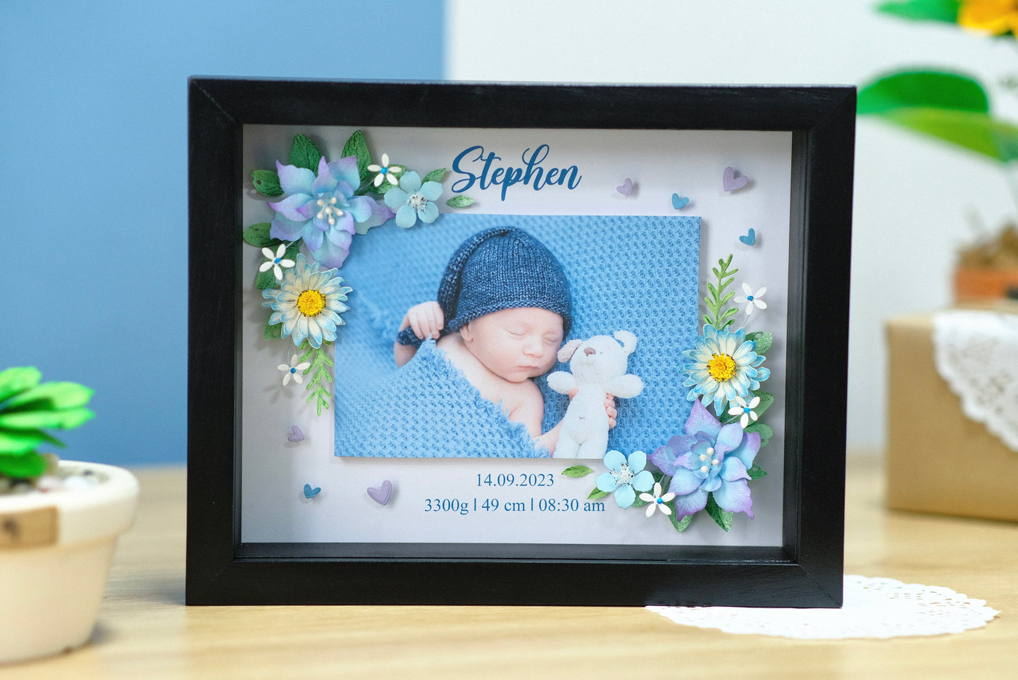 Baby Photo Shadowbox, Personalized Handmade Flower Shadow Box, Birth Start Frame, Baby Reveal Keepsake, Baby Keepsake