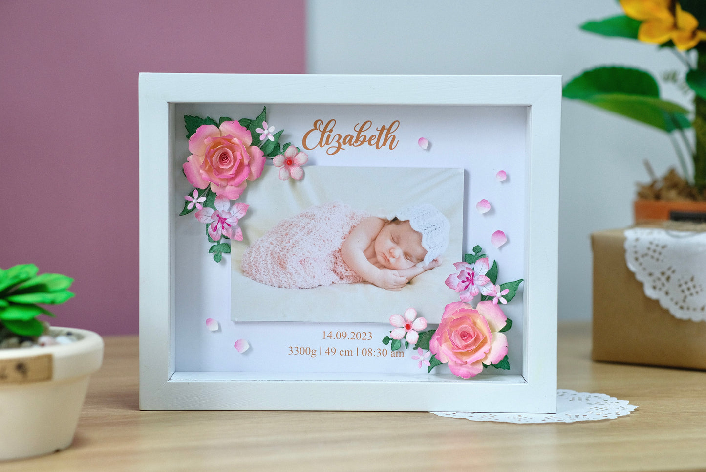 Baby Photo Shadowbox, Personalized Handmade Flower Shadow Box, Birth Start Frame, Baby Reveal Keepsake, Baby Keepsake