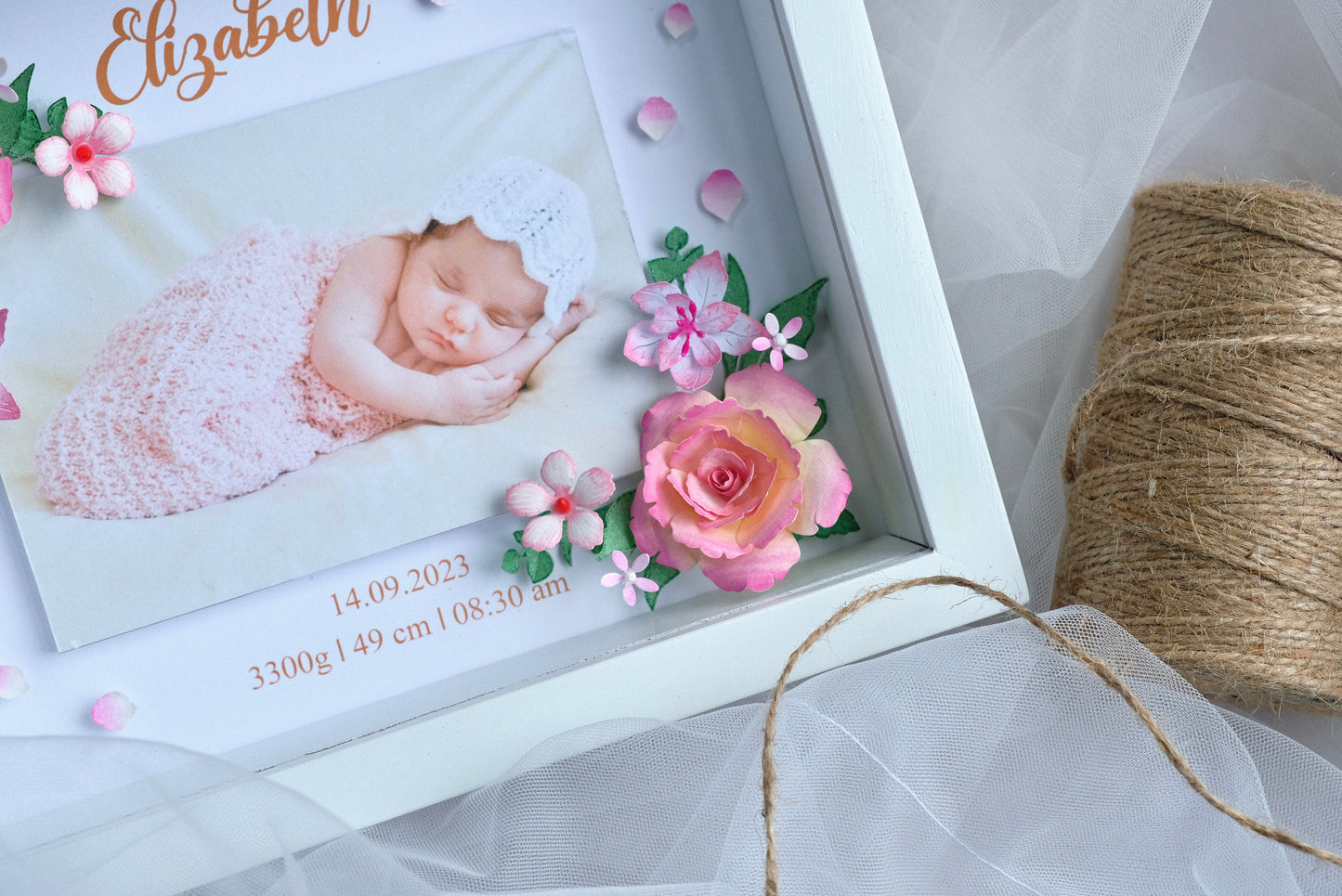 Baby Photo Shadowbox, Personalized Handmade Flower Shadow Box, Birth Start Frame, Baby Reveal Keepsake, Baby Keepsake