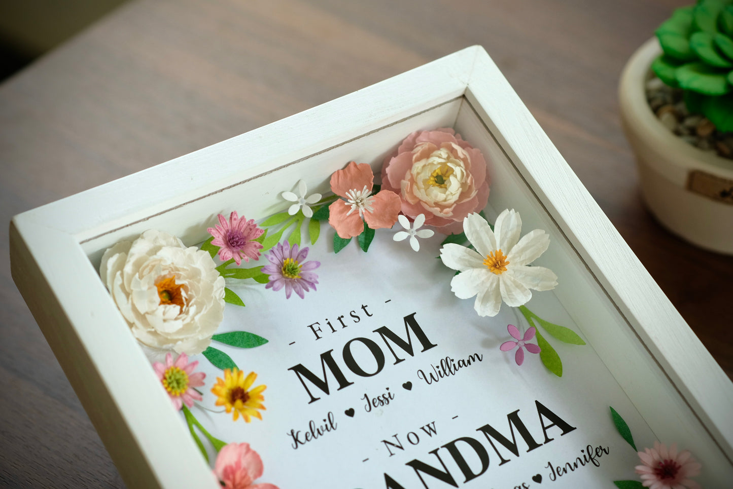 Flower Shadow Box, First Mom Now Grandma, Gifts For Grandma, Handmade Paper Flower Frame