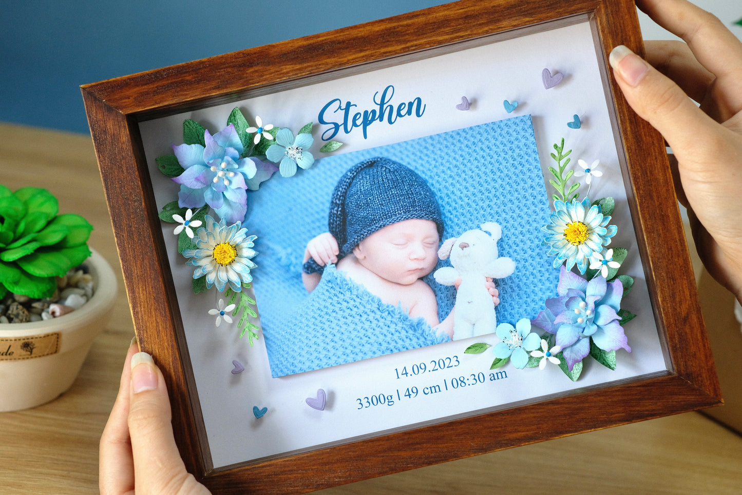 Baby Photo Shadowbox, Personalized Handmade Flower Shadow Box, Birth Start Frame, Baby Reveal Keepsake, Baby Keepsake