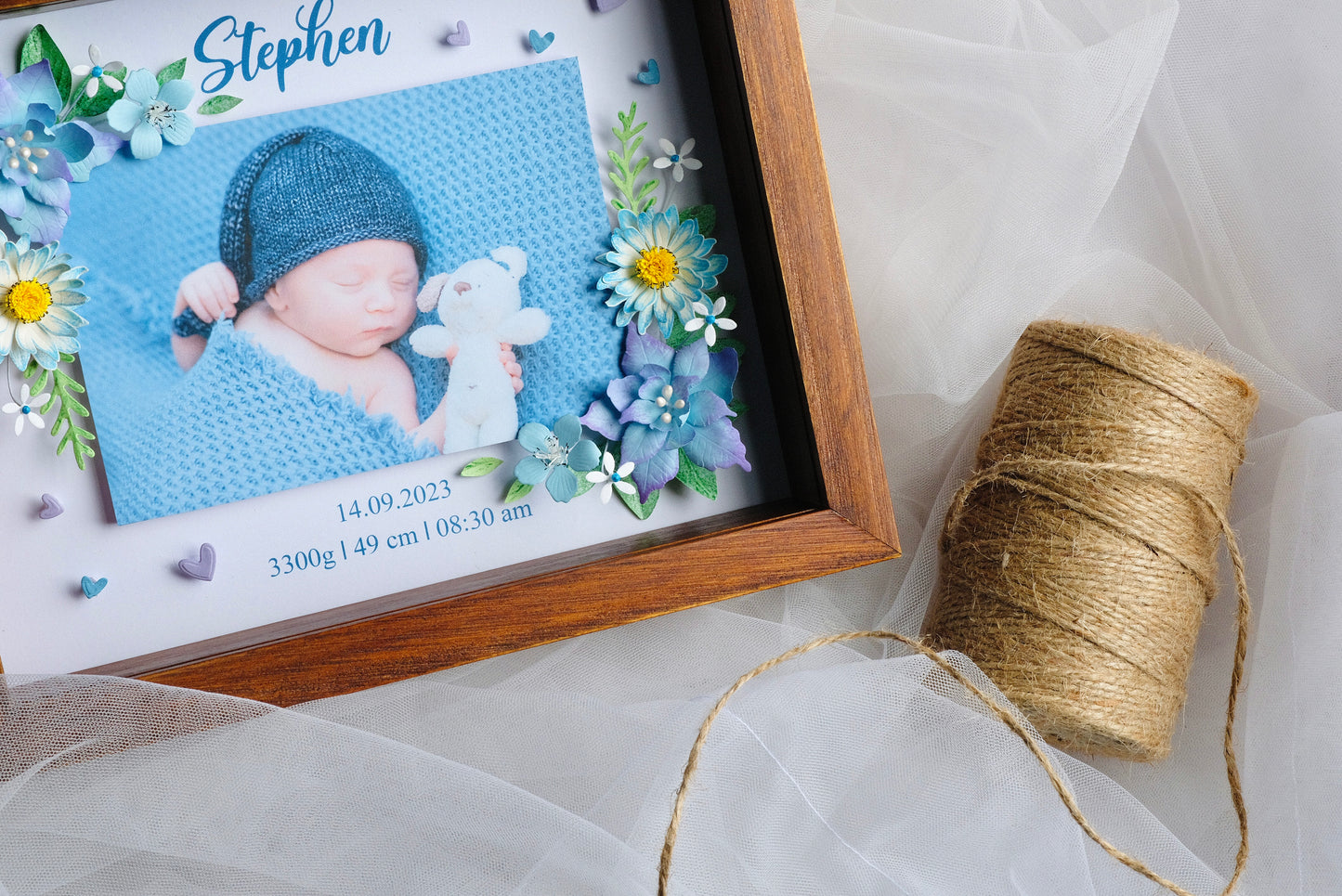 Baby Photo Shadowbox, Personalized Handmade Flower Shadow Box, Birth Start Frame, Baby Reveal Keepsake, Baby Keepsake