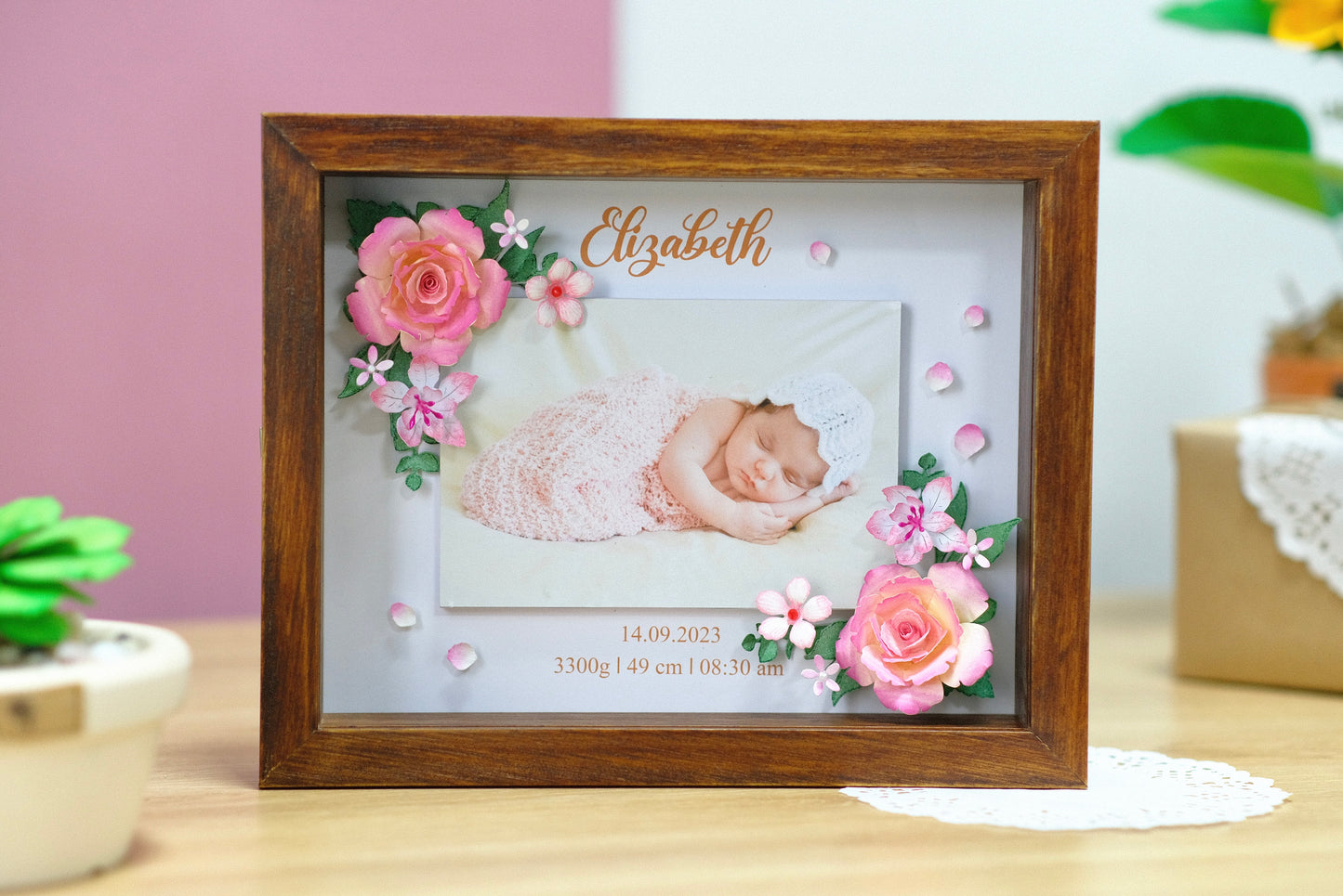 Baby Photo Shadowbox, Personalized Handmade Flower Shadow Box, Birth Start Frame, Baby Reveal Keepsake, Baby Keepsake