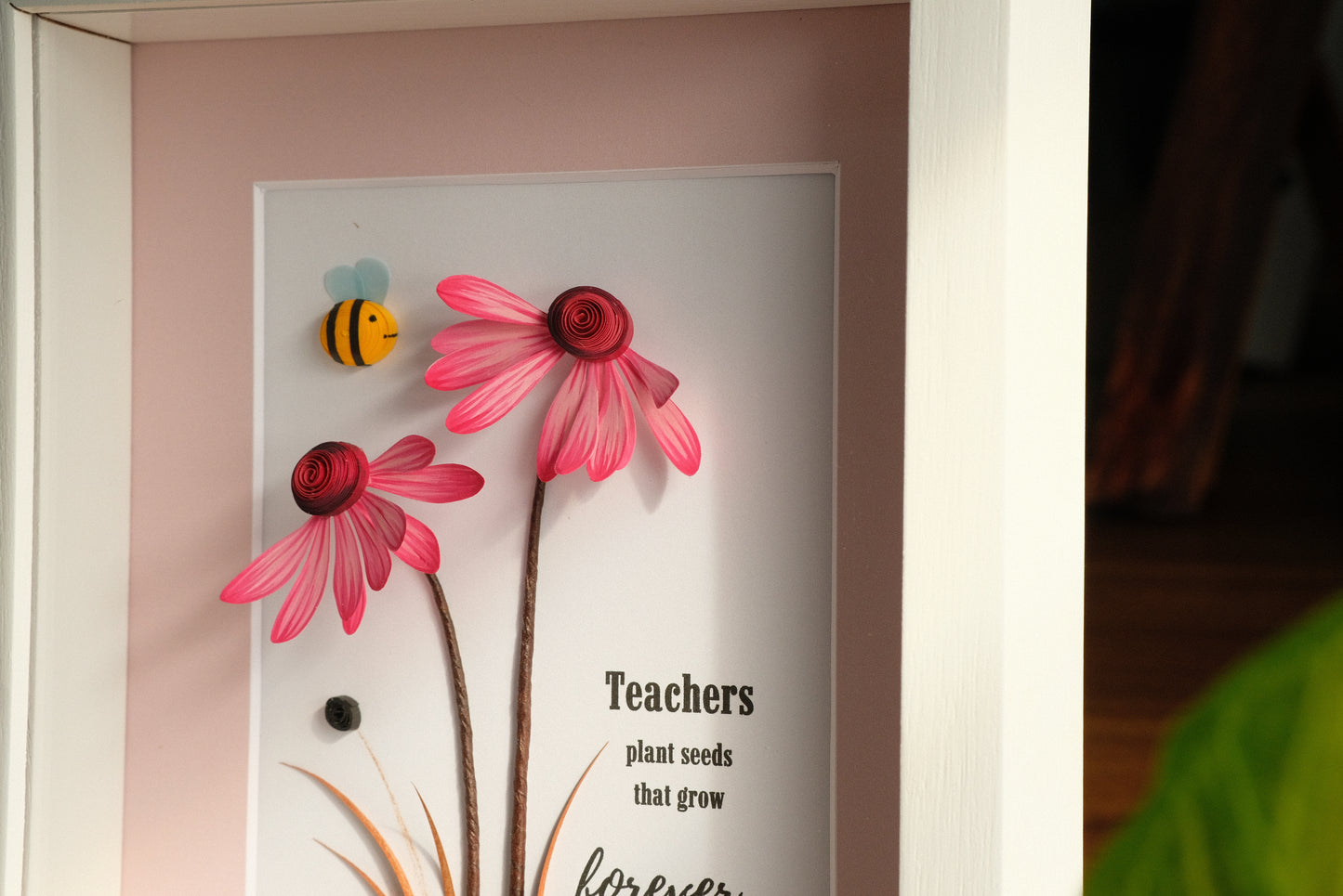 Pink Daisy Flower Shadow Box, Teachers Plant The Seeds That Grow Forever, Wild Flowers Framed Wall Art, Handmade Flower Shadow Box, Teacher Gift, Teacher Appreciation, Inspiring Wall Art, Personalized Your Saying