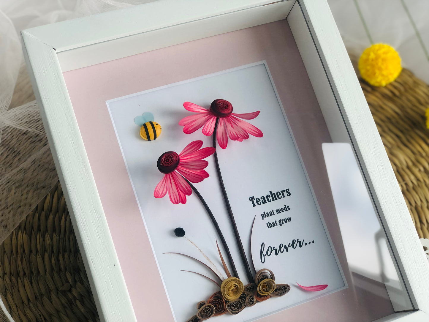 Pink Daisy Flower Shadow Box, Teachers Plant The Seeds That Grow Forever, Wild Flowers Framed Wall Art, Handmade Flower Shadow Box, Teacher Gift, Teacher Appreciation, Inspiring Wall Art, Personalized Your Saying