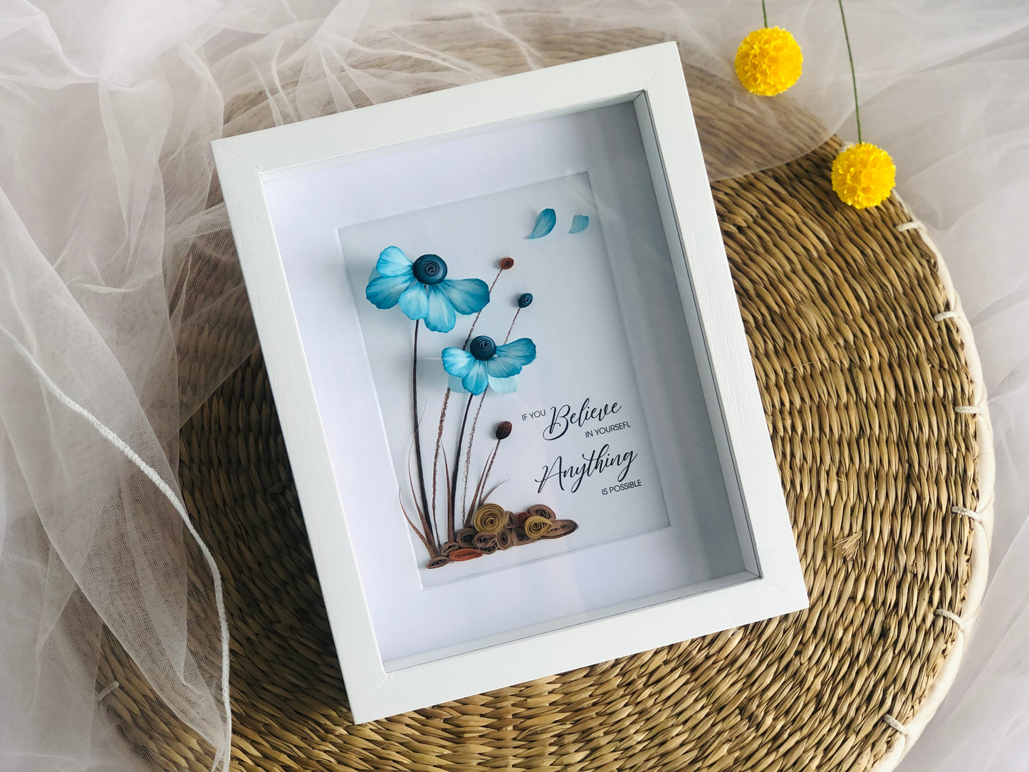 Wild Flowers Framed Wall Art, Handmade Flower Shadow Box, Blue Daisy Flower Frame, Paper Flower Art, Inspiring Wall Art, Motivational Decor, Personalized Your Saying, Custom Quote, Gift For Her, Gift For Women, Birthday Gift