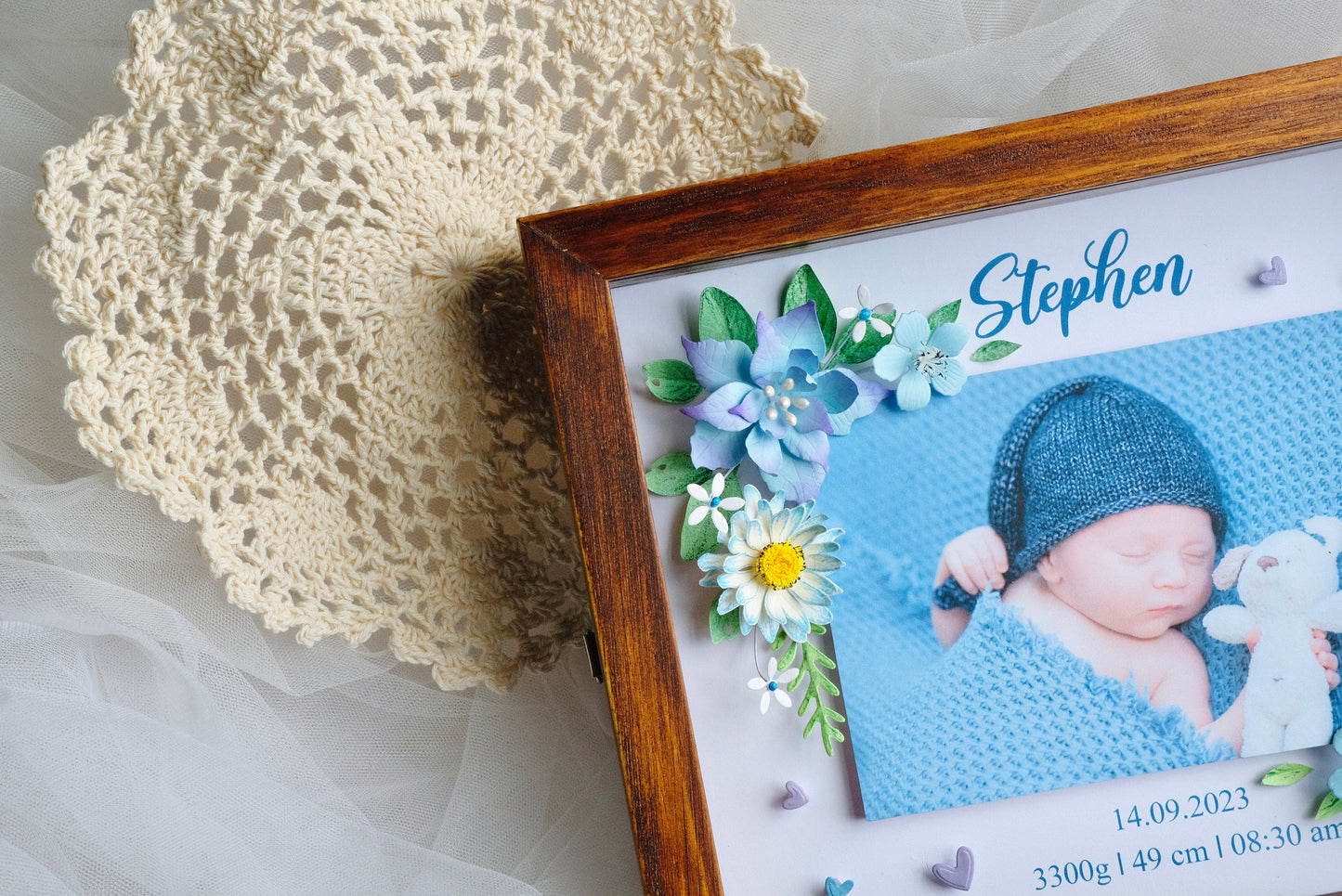 Baby Photo Shadowbox, Personalized Handmade Flower Shadow Box, Birth Start Frame, Baby Reveal Keepsake, Baby Keepsake