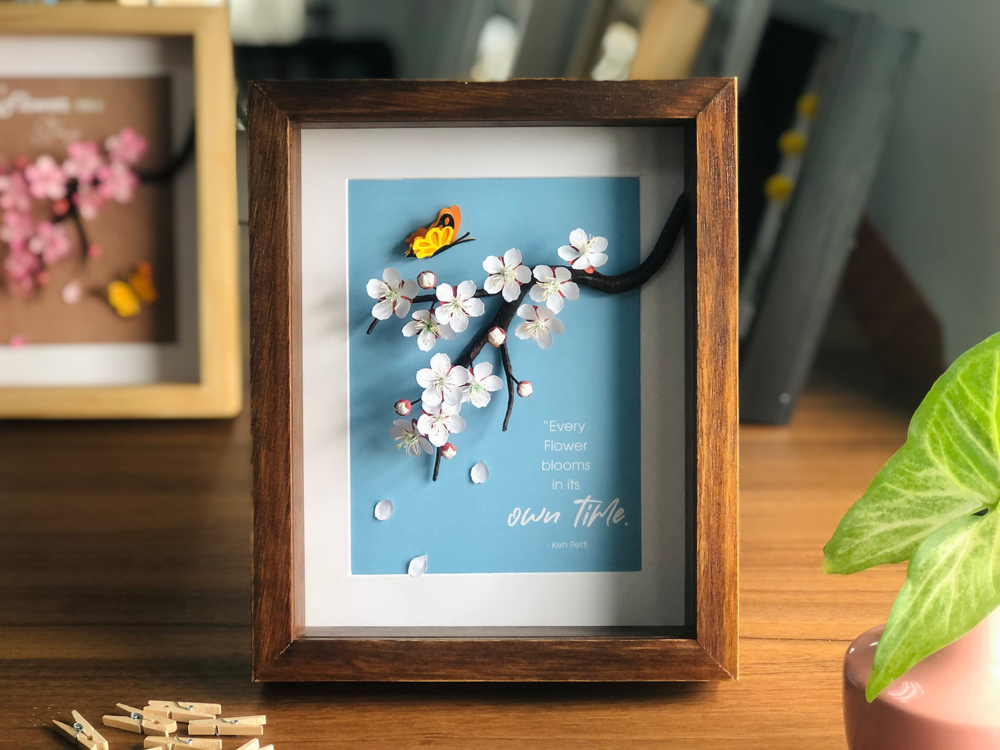 Blue Cherry Blooms Flower Shadow Box, Paper Flower Framed Wall Art, Every Flower Blooms In Its Own Time, Handmade Home Decor, Inspiring Wall Art, Personalized Your Saying