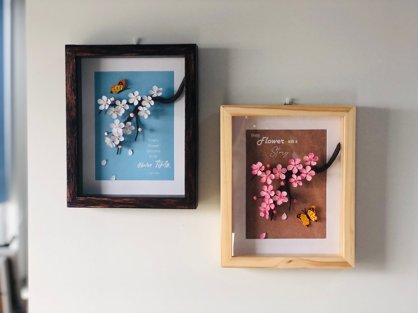 Blue Cherry Blooms Flower Shadow Box, Paper Flower Framed Wall Art, Every Flower Blooms In Its Own Time, Handmade Home Decor, Inspiring Wall Art, Personalized Your Saying