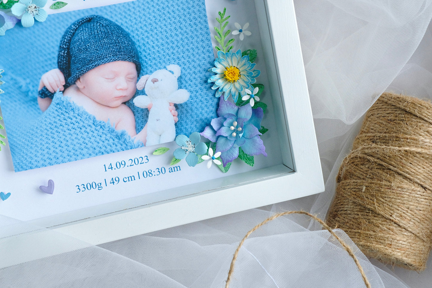 Baby Photo Shadowbox, Personalized Handmade Flower Shadow Box, Birth Start Frame, Baby Reveal Keepsake, Baby Keepsake