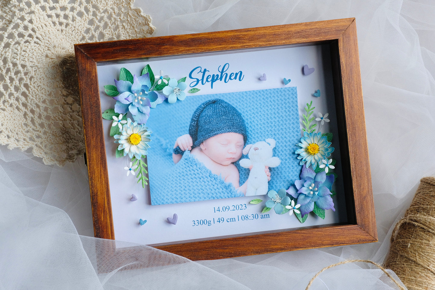 Baby Photo Shadowbox, Personalized Handmade Flower Shadow Box, Birth Start Frame, Baby Reveal Keepsake, Baby Keepsake