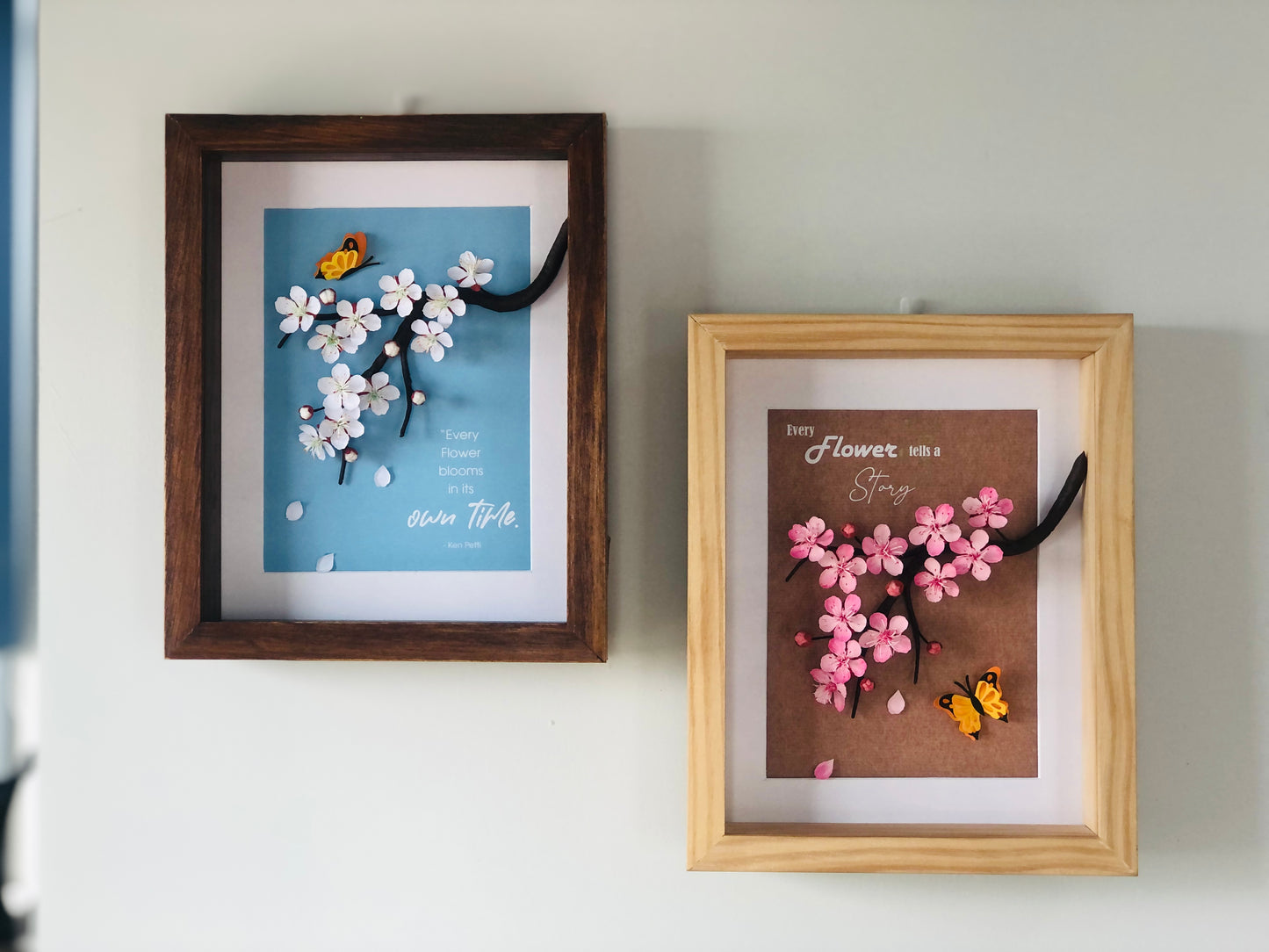 Blue Cherry Blooms Flower Shadow Box, Paper Flower Framed Wall Art, Every Flower Blooms In Its Own Time, Handmade Home Decor, Inspiring Wall Art, Personalized Your Saying