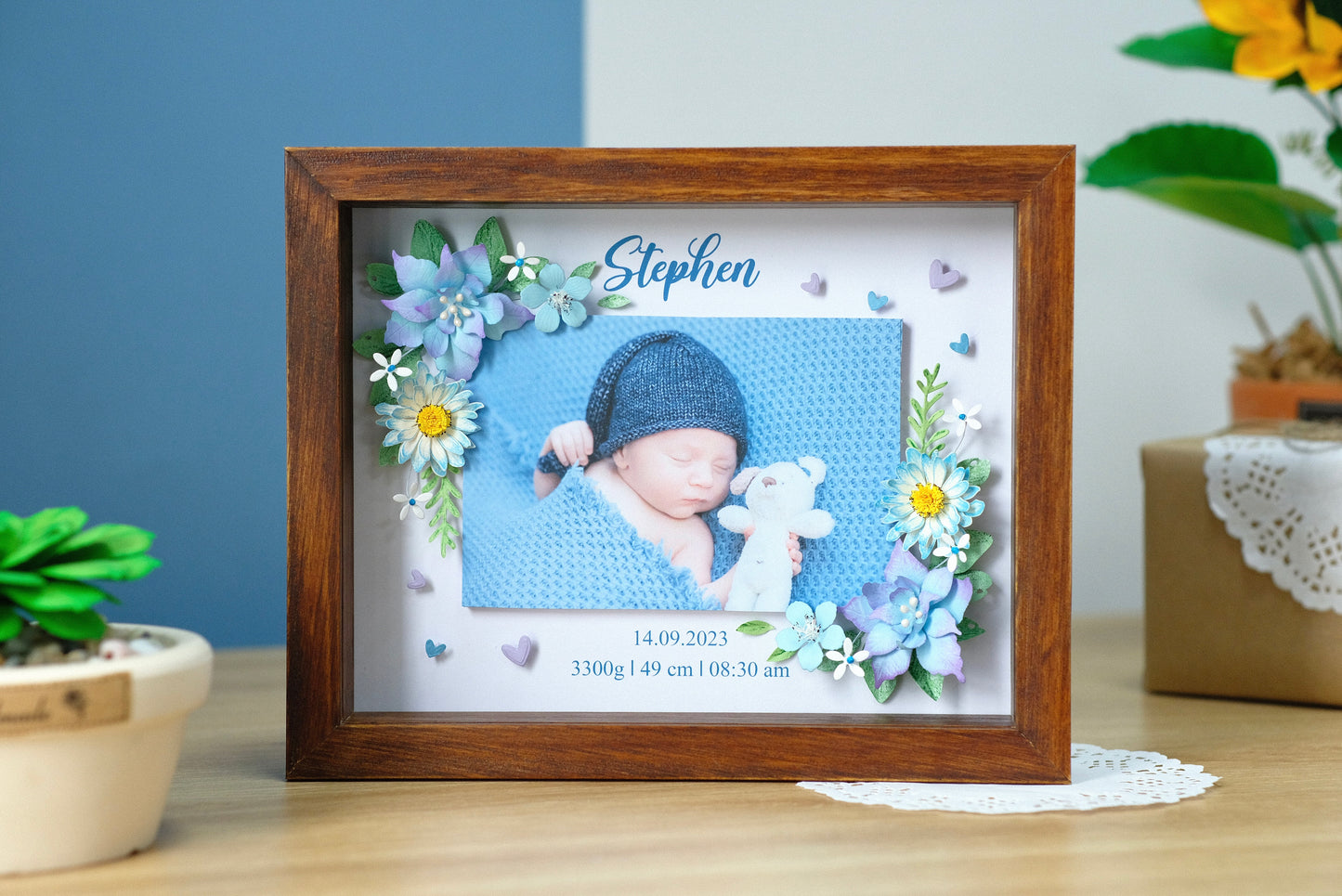 Baby Photo Shadowbox, Personalized Handmade Flower Shadow Box, Birth Start Frame, Baby Reveal Keepsake, Baby Keepsake