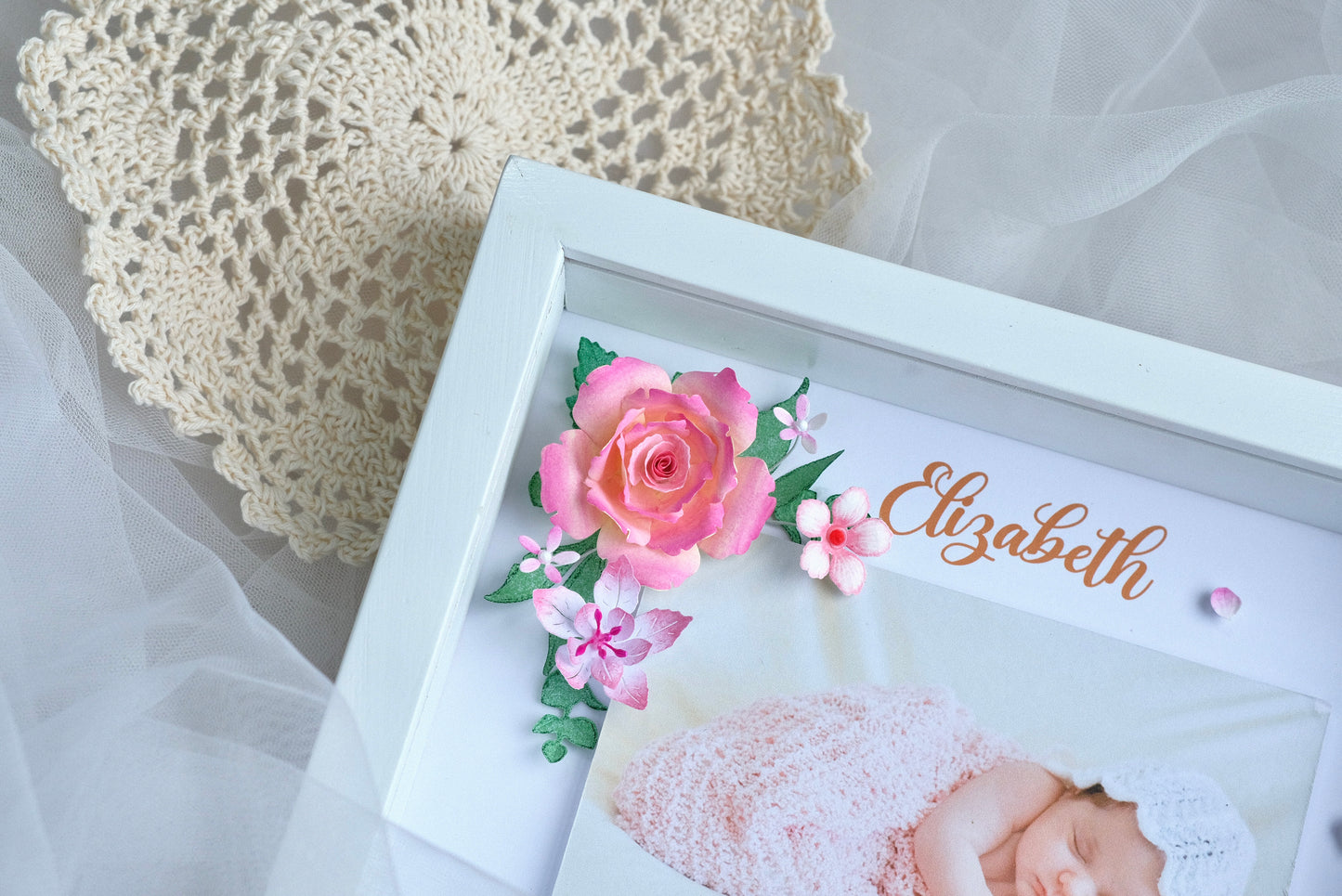 Baby Photo Shadowbox, Personalized Handmade Flower Shadow Box, Birth Start Frame, Baby Reveal Keepsake, Baby Keepsake