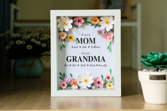 Flower Shadow Box, First Mom Now Grandma, Gifts For Grandma, Handmade Paper Flower Frame