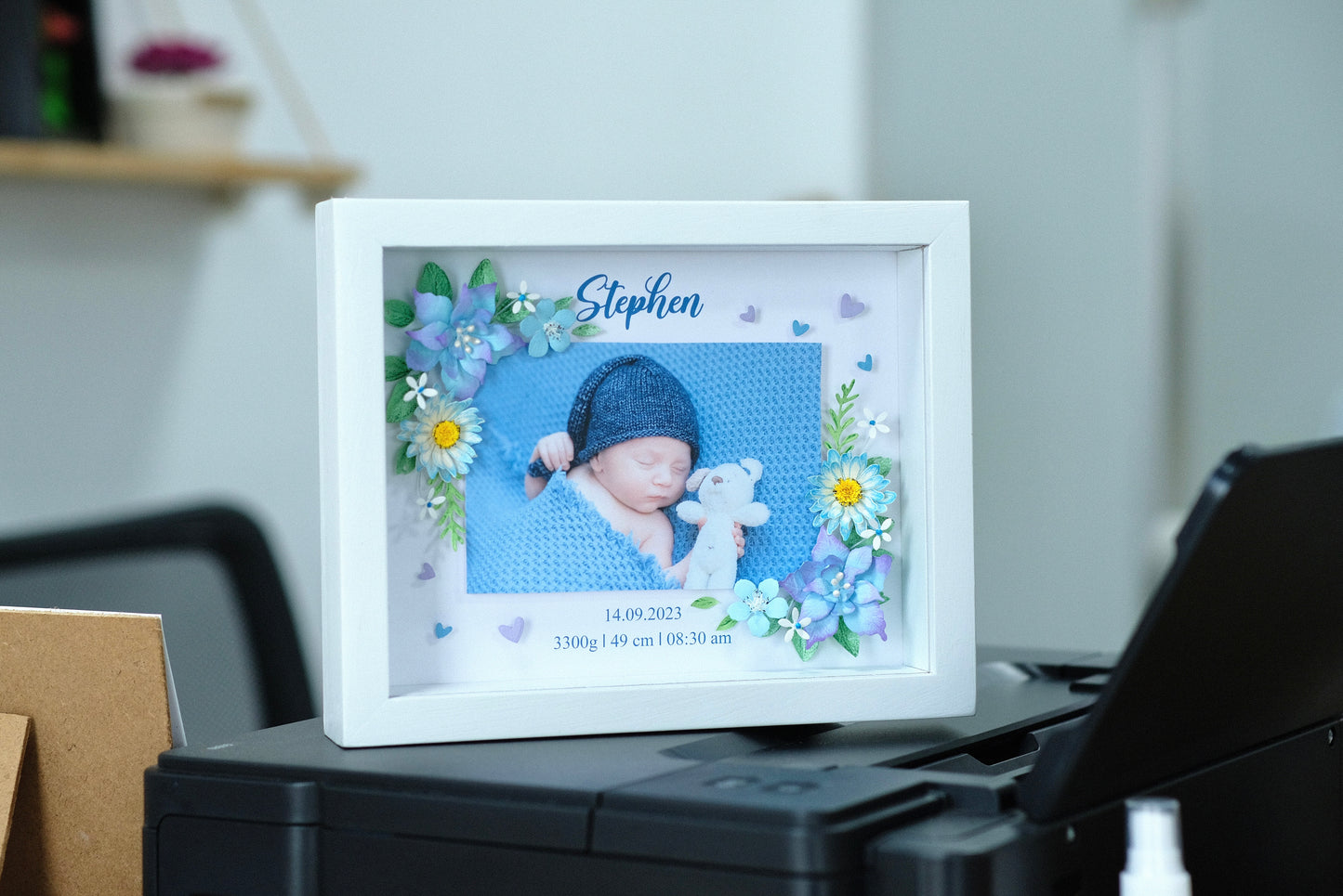 Baby Photo Shadowbox, Personalized Handmade Flower Shadow Box, Birth Start Frame, Baby Reveal Keepsake, Baby Keepsake